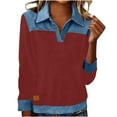 thumbnail image 1 of SELONE Collared Sweatshirts for Older Women Denim Patchwork Tops Long Sleeved Casual Shirt Color Block Pullover Red 2XL, 1 of 8