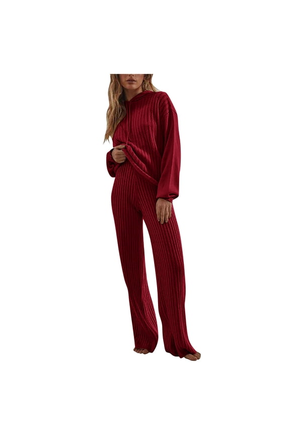 Comfy Lounge Sets For Women 2 Piece Long Sleeve Pullover Hooded Tops Long Lounge Trousers Crew Neck Casual Loose Taper Leg Suits Solid Sweat Suits Streetwear Fall Wintern Clothes Wine
