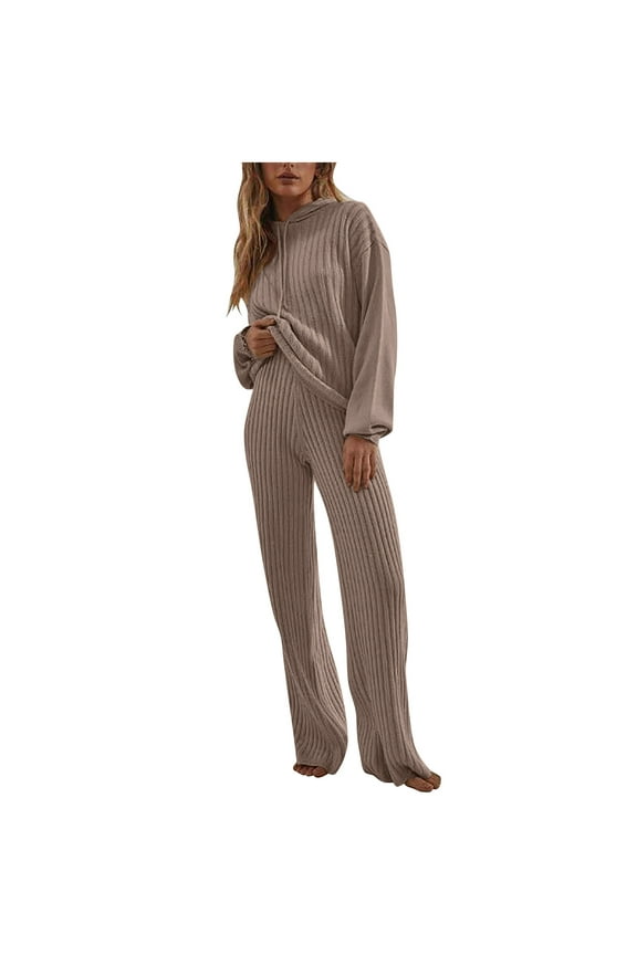 Comfy Lounge Sets For Women 2 Piece Long Sleeve Pullover Hooded Tops Long Lounge Trousers Crew Neck Casual Loose Taper Leg Suits Solid Sweat Suits Streetwear Fall Wintern Clothes Coffee