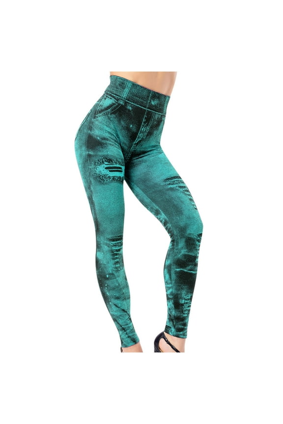Compression Leggings for Women Casual Butt Lifting Jean Yogalicious Denim Print Dressy Everyday Soft Leggings Capris Leggings Capri Leggings Athletic Leggings for Women 13-Green S