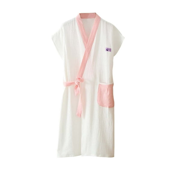 Lorytime Cotton Nightgowns for Women Sleeveless Belt Bathrobes V Neck Pajamas with Pockets Loose Sleepwear White L