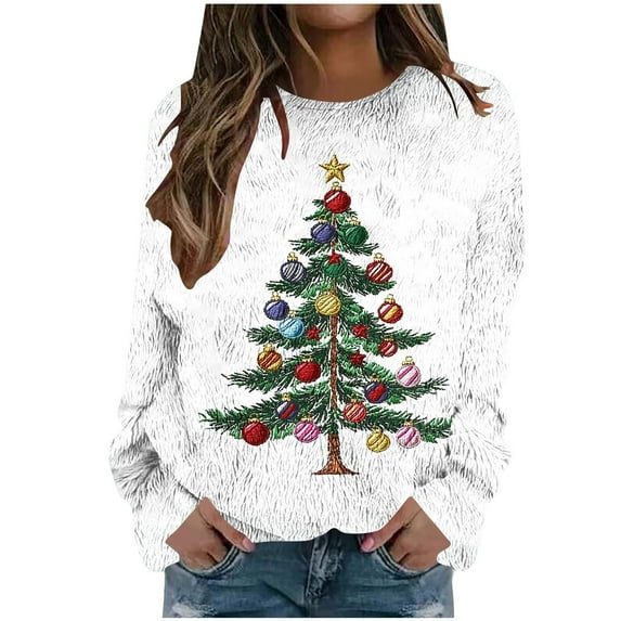 SELONE Crew Neck Sweatshirts Women Christmas Candy Christmas Tree Print Pullover Shirts Drop Shoulder Long Sleeved Fashionable Clothes