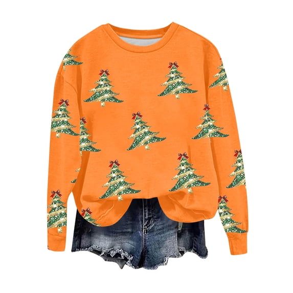 SELONE Crew Neck Sweatshirts Women Christmas Tree Print pullover Shirts Drop Shoulder Soild Tops Cute Vacation Clothes