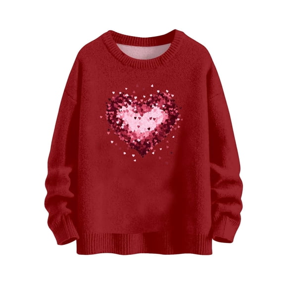 SELONE Crew Neck Sweatshirts Women Valentine Heart Dropped Shoulder Long Sleeve Shirt Crewneck Tops Loose Outerwear