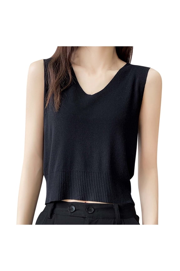 Crop Tank Tops for Women Crewneck Knitted Sleeveless Sweater Vest Wide Strap Work Shirt Soild Summer Outfits M
