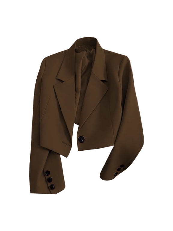 Cropped Blazers for Women Work Suit Jacket Long Sleeve Button Lightweight Blazer Lapel Business Outerwear Coffee