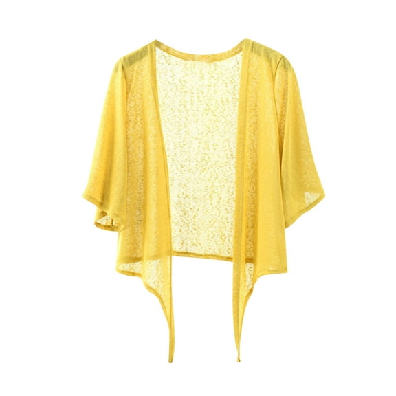 SELONE Cropped Cardigans for Women Short Sleeve Open Front Cardigans Without Hoodie Solid Lightweight Beach Vacation Wear Yellow 2XL
