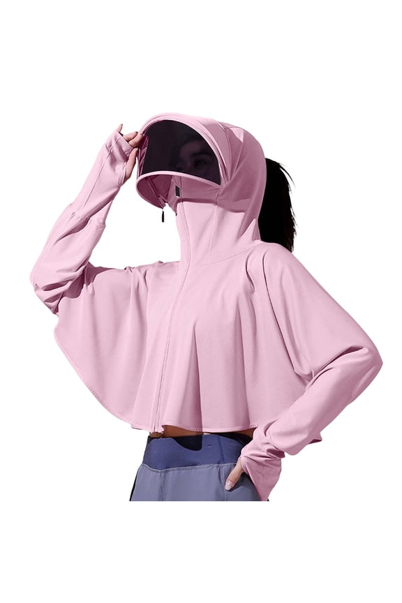 Cropped Jacket Women Sun Protection Face Mask Zip off Hood Coat Long Sleeve Clothing Breathable Outwear