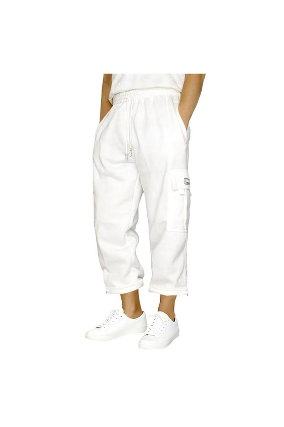 Cropped Pants Men Casual Straight Leg Cargo Pants Drawstring Loose Trousers with Pockets Outdoor Wear White 4XL