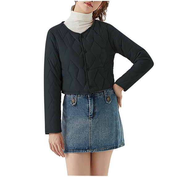 SELONE Cropped Puffer Jacket Women Winter Coat Button Long Sleeve Crewneck Tops with Pockets Warm Outerwear Black 3XL