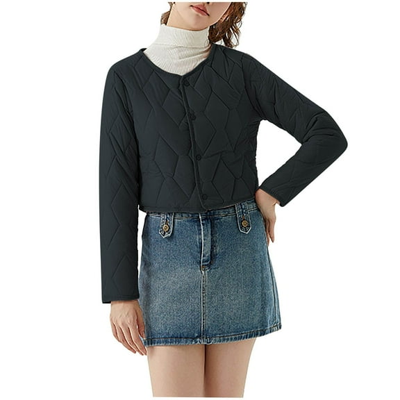 SELONE Cropped Puffer Jacket Women Winter Coat Button Long Sleeve Crewneck Tops with Pockets Warm Outerwear Black 3XL
