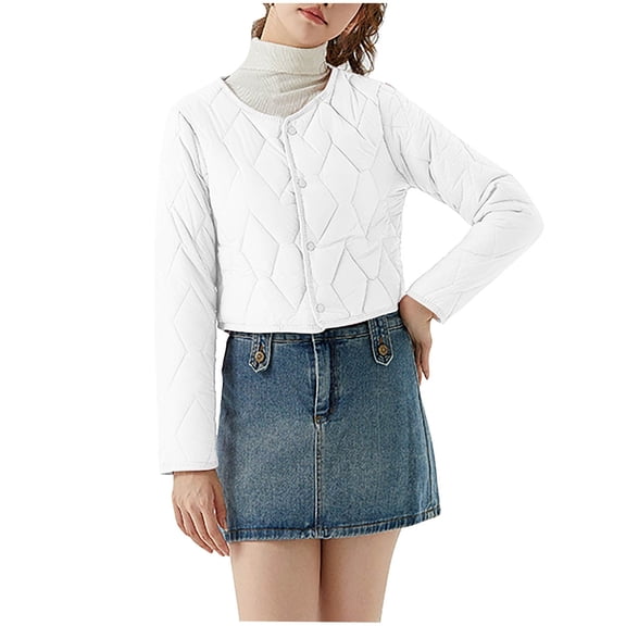 SELONE Cropped Puffer Jacket Women Winter Coat Button Long Sleeve Crewneck Tops with Pockets Warm Outerwear White 2XL
