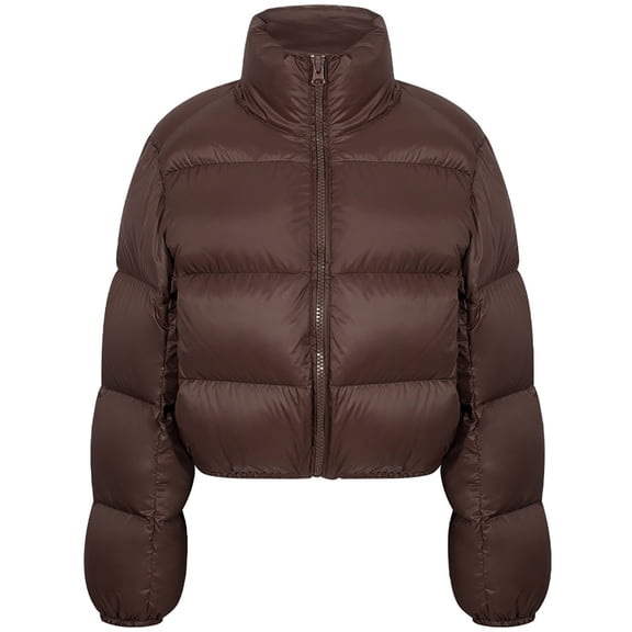 SELONE Cropped Puffer Jacket Women Winter Coat Zipper Long Sleeve Mock Neck Outerwear with Pockets Soild Tops Brown S