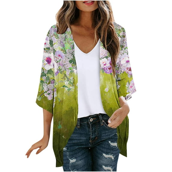 SELONE Cute Cardigans for Women 3/4 Sleeve Plus Size Regular Open Front Cardigans Without Hoodie Flowers Lightweight Beach Vacation Wear Green 5XL
