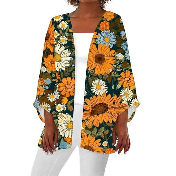 SELONE Cute Cardigans for Women 3/4 Sleeve Plus Size Regular Open Front Cardigans Without Hoodie Sunflower Lightweight Beach Vacation Wear Orange 3XL