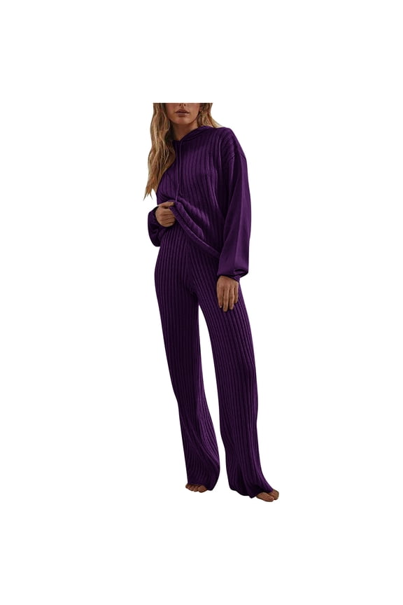 Cute Lounge Sets For Women 2 Piece Long Sleeve Pullover Hooded Tops Long Lounge Trousers Crew Neck Casual Loose Taper Leg Suits Solid Sweat Suits Streetwear Fall Wintern Clothes Purple