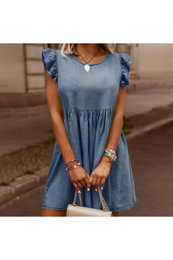 Denim Dress for Women Fitted Summer Casual Denim Mini Ruffle Fashion Retro Loose Cuff Short Skirt Summer Dresses for Women Midi Dresses for Women for Everyday Wear Beach Vacation Dark Blue L