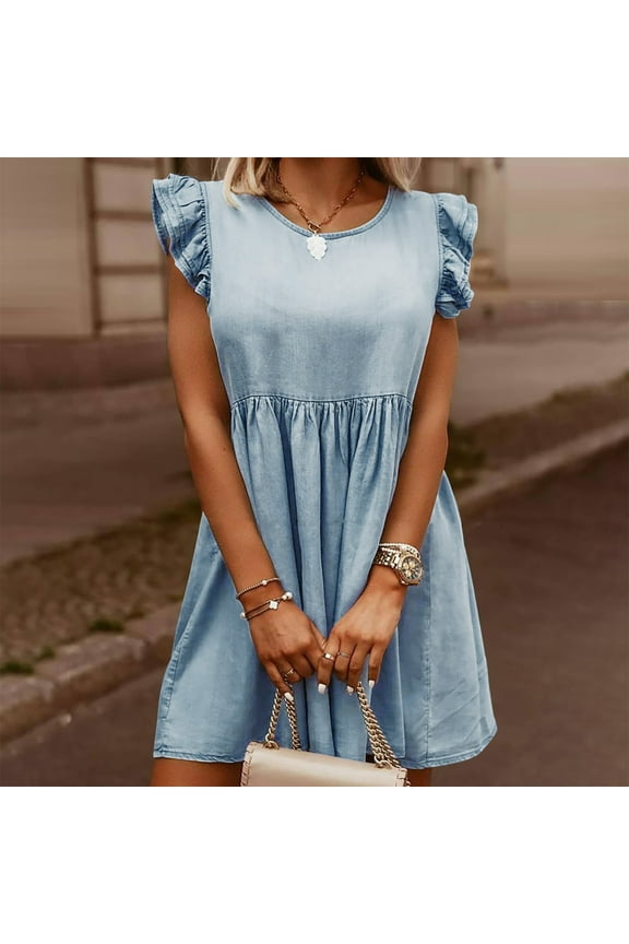 Denim Dresses for Women Plus Size Summer Casual Denim Mini Ruffle Fashion Retro Loose Cuff Short Skirt Summer Dresses for Women for Everyday Wear Beach Vacation Day to Night Light blue XL