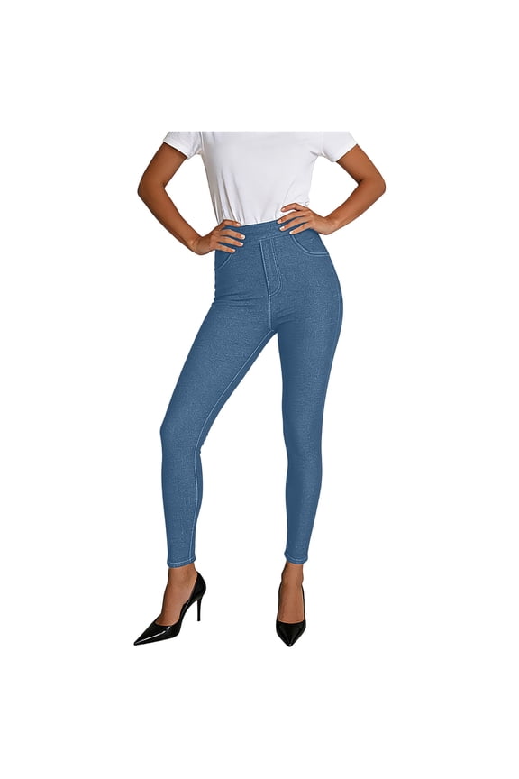 Denim Leggings with Pockets for Women Stretch High Waisted Tight Denim Pants Soild Yoga Pants Blue 3XL