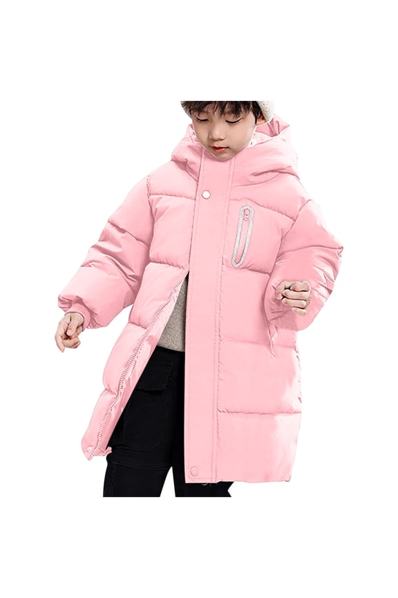 Down Kids Puffer Jacket Boys Cotton with Pockets Hooded Long Zipper Solid Long Sleeve Fall Winter Outwear Pink 100
