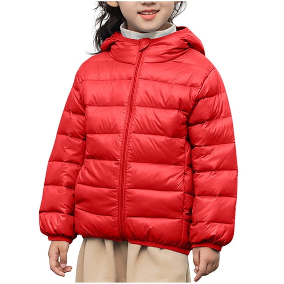 SELONE Down Kids Puffer Jacket Cotton with Pockets Hooded Zipper Solid Long Sleeve Fall Winter Outfit Red 8-9Years