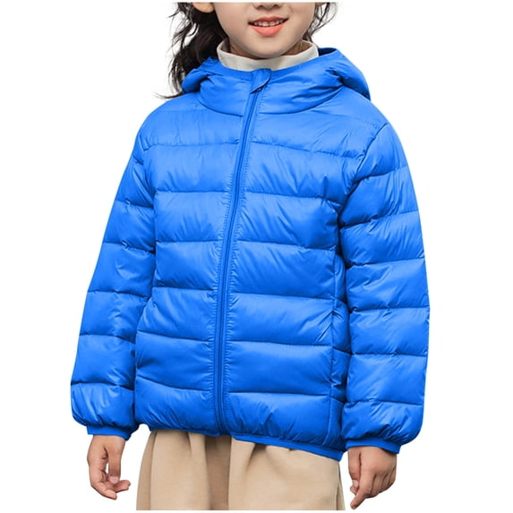 SELONE Down Puffer Jacket Kids Boys Cotton with Pockets Hooded Zipper Solid Long Sleeve Fall Winter Outwear Blue 4-5Years