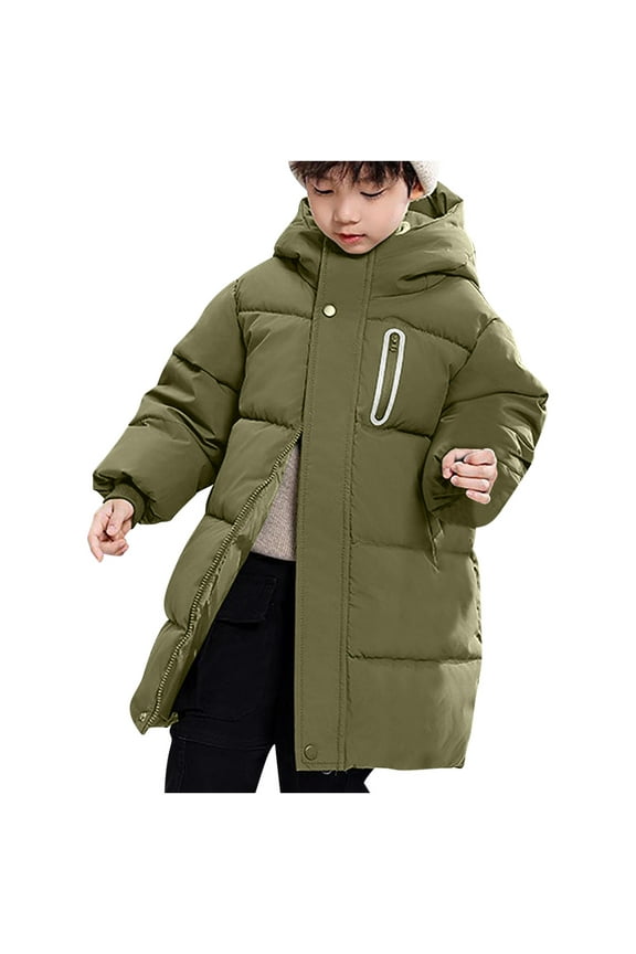 Down Puffer Jacket Kids Cotton with Pockets Hooded Long Zipper Solid Long Sleeve Fall Winter Outfit Green 120