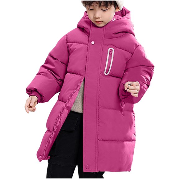 SELONE Down Puffer Jacket for Boys Cotton with Pockets Hooded Long Zipper Solid Long Sleeve Cute Clothes Hot Pink 110