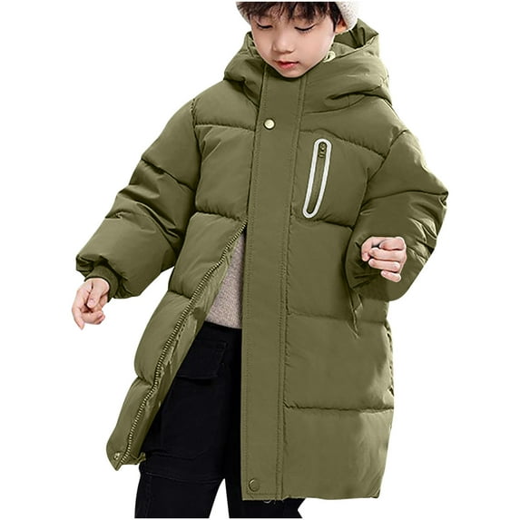 SELONE Down Toddler Puffer Jacket Boys Cotton with Pockets Hooded Long Zipper Solid Long Sleeve Fall Winter Outwear Green 140