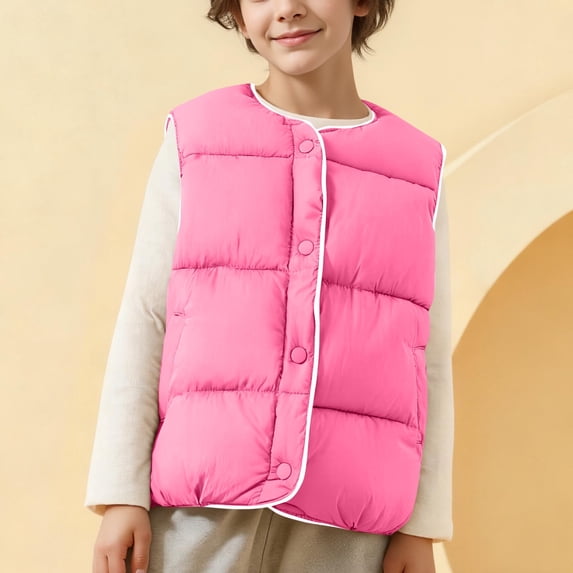 SELONE Down Vest Kids Button up Sleeveless Jacket Ruched Hem Windproof Crew Neck Vest Top with Pockets Fall Winter Tops
