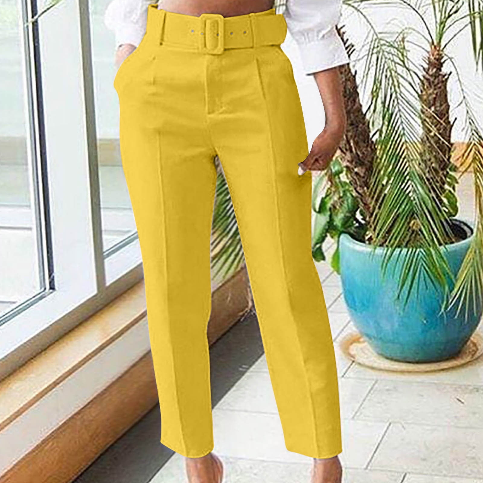 SELONE Dress Pants for Women Business Casual Drawstring Office Pants Mid  Waisted Suit Pants with Pockets Straight Leg Solid Formal Pants Regular Fit