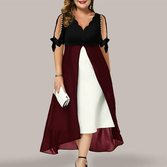 SELONE Dresses for Women Wedding Guest Plus Size Vintage Short Sleeve V Neck Fashion Solid Party Large Size Gift for Wedding Guest Evening Party Graduation Birthday Party Tea Party Wine XXXL