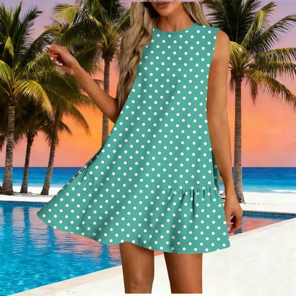 SELONE Dresses for Women Ruched Mini Dresses Ruffle Hem Polka Dot Sleeveless Smock Sundress Crew Neck Tank Dresses L