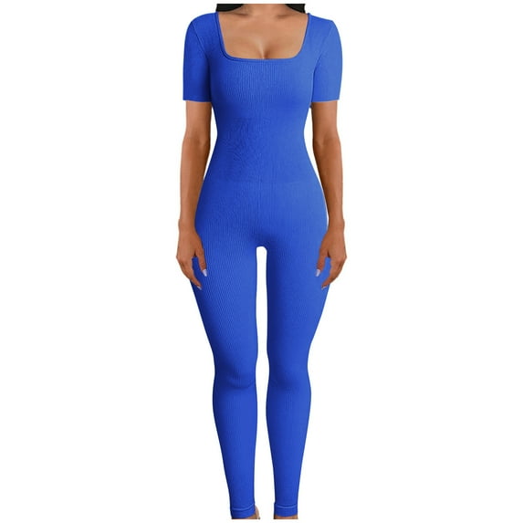 SELONE Dressy Jumpsuits for Women Short Sleeve Athletic Bodycon Workout Sports Long Pant Gym Ladies Travel Comfortable 2023 Vacation Jumpsuits Casual Casual Jumpsuits for Women Solid Square Neck Blue