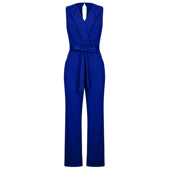 SELONE Dressy Jumpsuits for Women Suspender Bandage Long Pant Sleeveless Ladies Travel Comfortable Vacation Flowy Rompers Jumpers and Rompers Casual Suit Collar Back Zipper with Pockets Blue XL