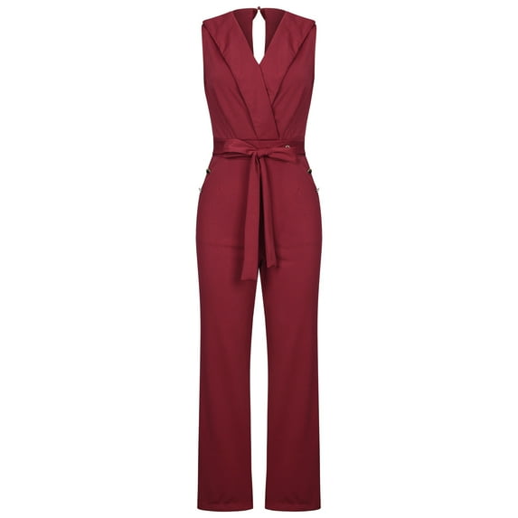 SELONE Dressy Jumpsuits for Women Suspender Bandage Long Pant Sleeveless Ladies Travel Comfortable Vacation Flowy Rompers Jumpers and Rompers Casual Suit Collar Back Zipper with Pockets Wine L