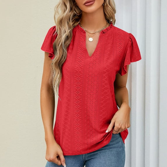 SELONE Dressy Tops for Women Plus Size Short Sleeve Tops Blouses Regular Fit T Shirts Pullover Tees Tops Solid T-Shirts V Neck Tops Casual Blouses Easy Care Soft Breathable Pullover Tops Red M
