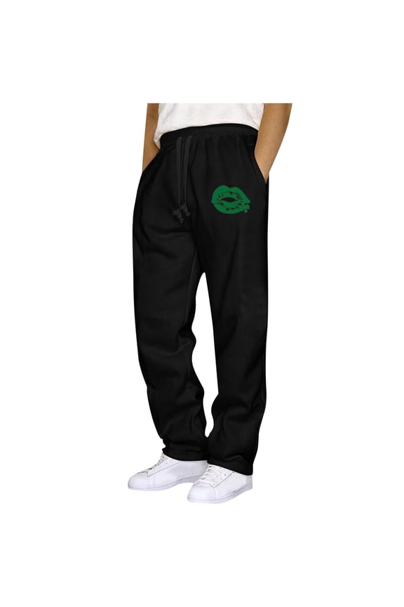 Elastic Waist Cargo Pants for Men Pattern Straight Leg Pants St. Patrick's Day Trousers with Pockets Casual Wear
