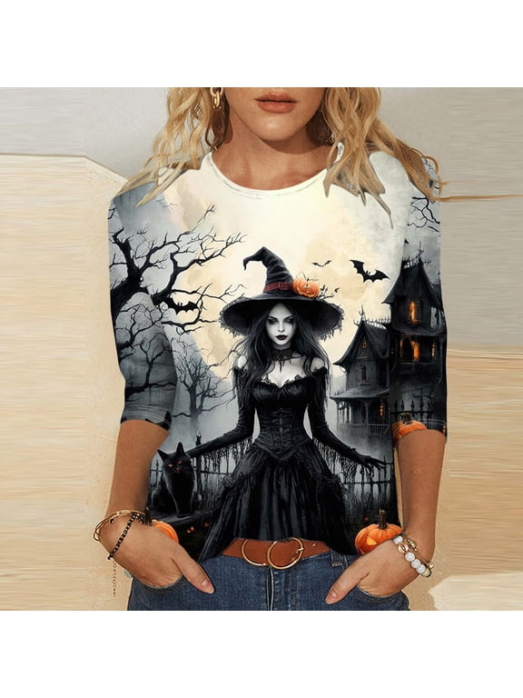 Elbow Length Tee Shirts for Women Halloween Crewneck Blouses Novelty Witch T Shirts Plus Size Novelty Tops