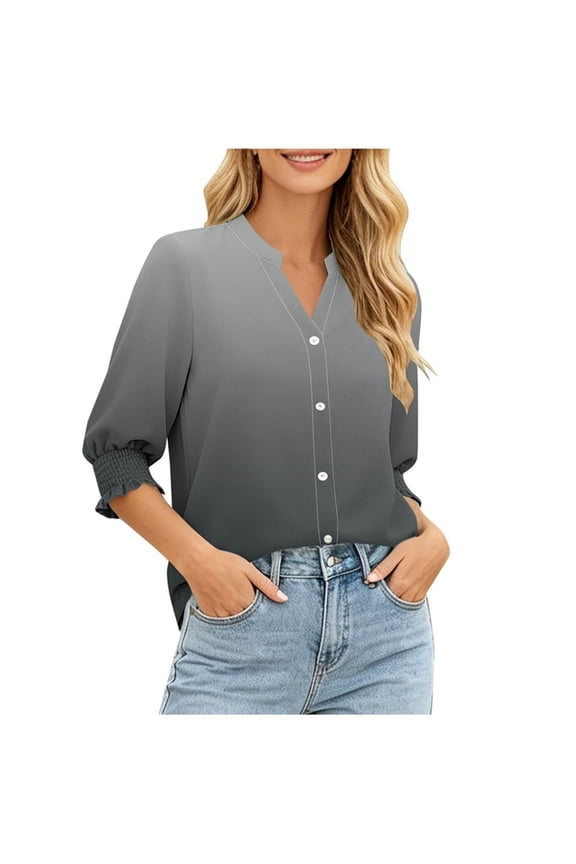 Elbow Length Tops for Women 3/4 Sleeve Button Down Blouses Gradient Notch Collar Cardigan Loose Clothes Black 2XL
