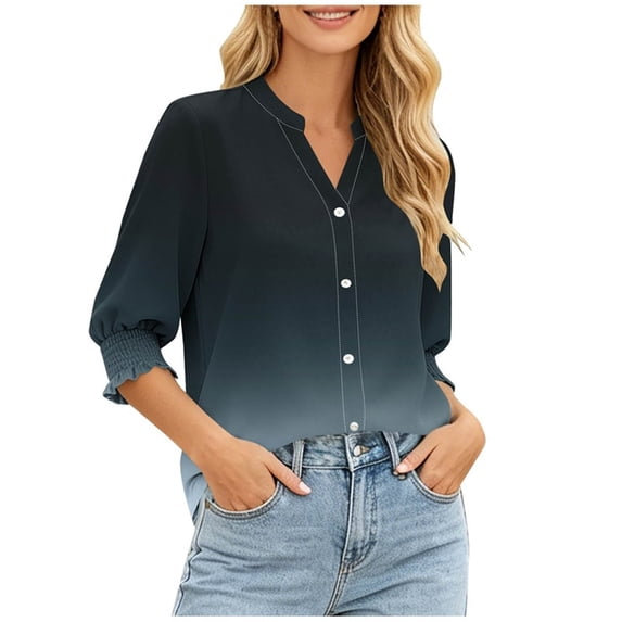 SELONE Elbow Length Tops for Women 3/4 Sleeve Button Down Blouses Gradient Notch Collar Cardigan Loose Clothes Navy L