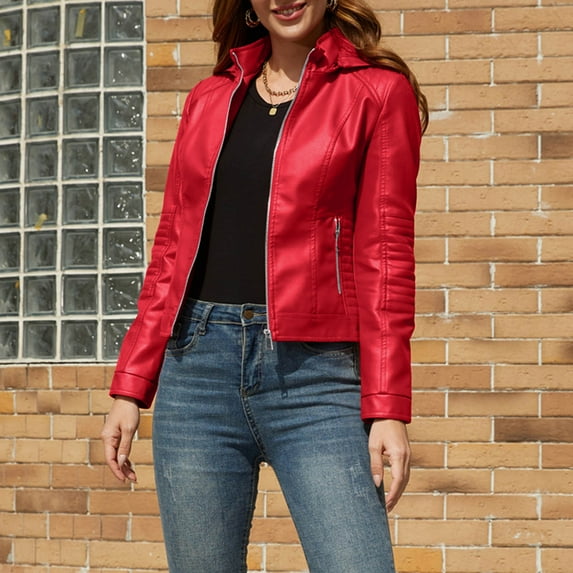 SELONE Faux Leather Jackets for Women Long Sleeve Jacket Hooded Neck Short Zip Up Coat Slim PU Casual Solid Outerwear with Pockets Winter Overcoat Outwear Coat Clothes for Women Red XL