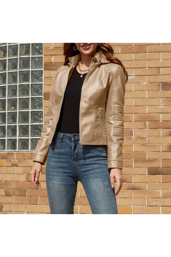 Faux Leather Jackets for Women Long Sleeve Jacket Hooded Neck Short Zip Up Coat Slim PU Casual Solid Outerwear with Pockets Winter Overcoat Outwear Coat Clothes for Women Khaki XS