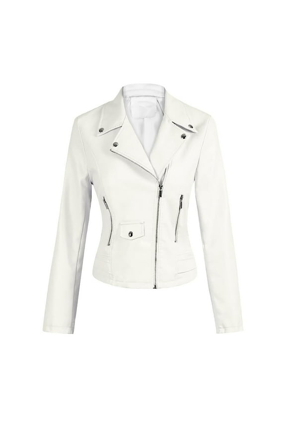 Faux Leather Moto Jacket Cropped Long Sleeve Jacket Lapel Short Zip Up Coat Slim PU Outerwear with Pockets Winter Overcoat Outwear Coat Clothes for Women Outfits White M