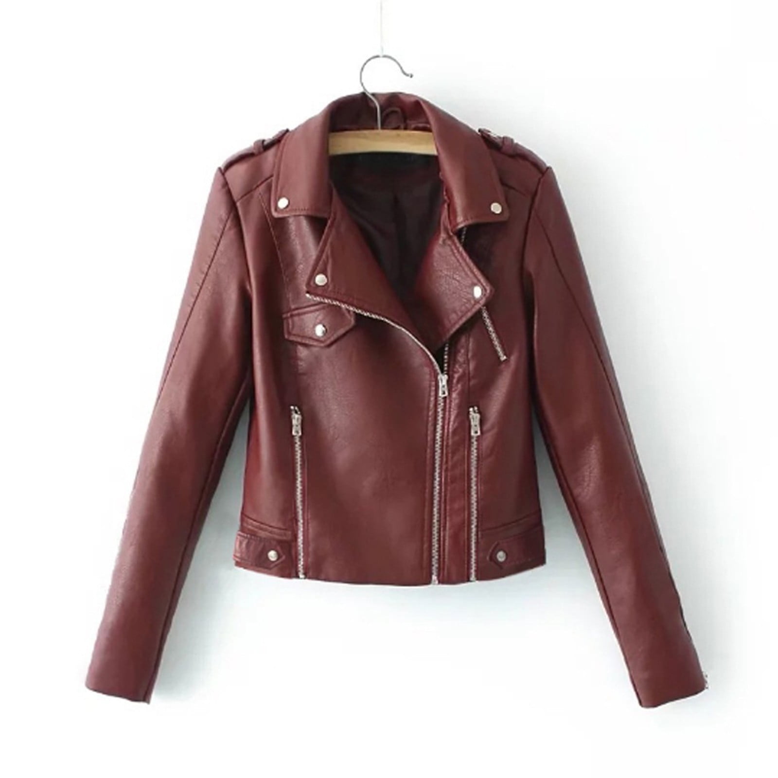 SELONE Faux Leather Moto Jackets for Women Long Sleeve Jacket Lapel Short Zip Up Coat Slim PU Casual Solid Outerwear with Pockets Winter Overcoat Outwear Coat Clothes for Women Wine M