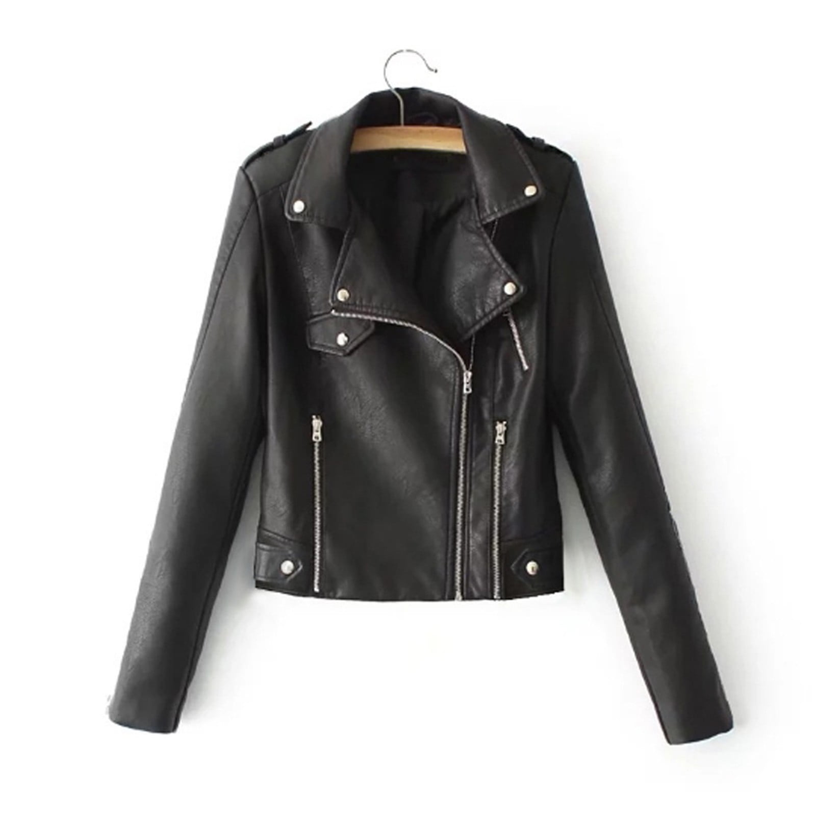 SELONE Faux Leather Moto Jackets for Women Long Sleeve Jacket Lapel Short Zip Up Coat Slim PU Casual Solid Outerwear with Pockets Winter Overcoat Outwear Coat Clothes for Women Black M