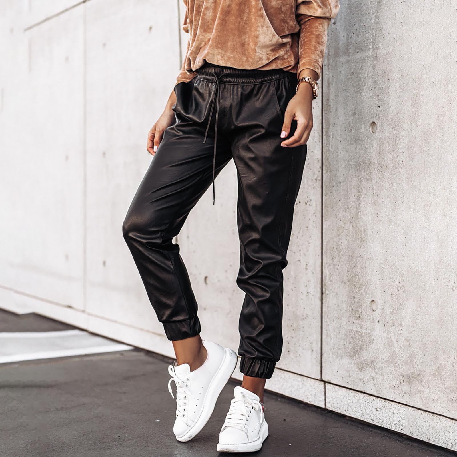 SELONE Faux Leather Pants for Women Drawstring Go Out Scrunch Mid Waisted  Streetwear with Pockets Straight Leg Solid Long Slim Fit Pleather Pants  Work