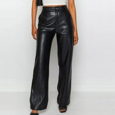 SELONE Faux Leather Pants for Women Pull On Go Out Scrunch High Waisted Streetwear with Pockets Straight Leg Solid Long Pants Slim Fit Pleather Pants Work Pants Long Pants Casual Fall Wintern Clothes