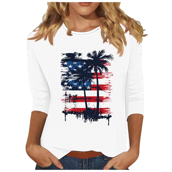 SELONE Womens 3/4 Sleeve Tops July 4th Crewneck American Apparel Red White Blue Wear Clothes Gifts Activewear S