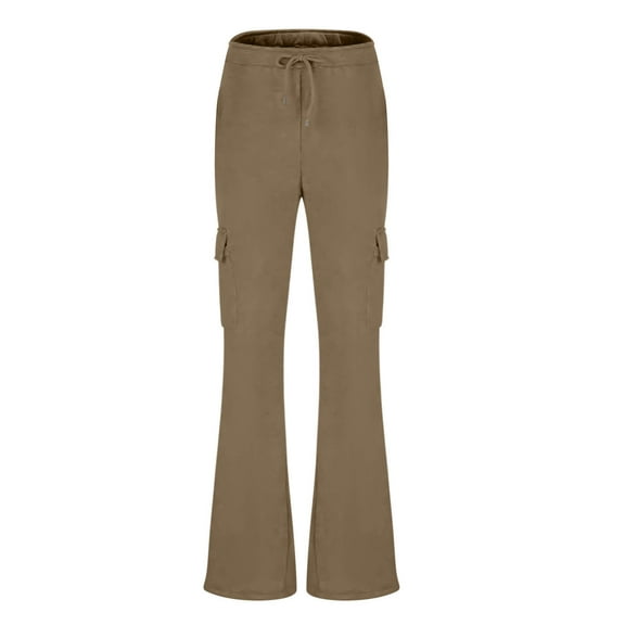 SELONE Flare Pants for Women Plus Size Brown Mid Waist Trouser with Pockets Full Length Bootcut Loose Casual Long Flare Trousers Drawstring Solid Soft Lightweight Comfy M Breathable Summer Clothes